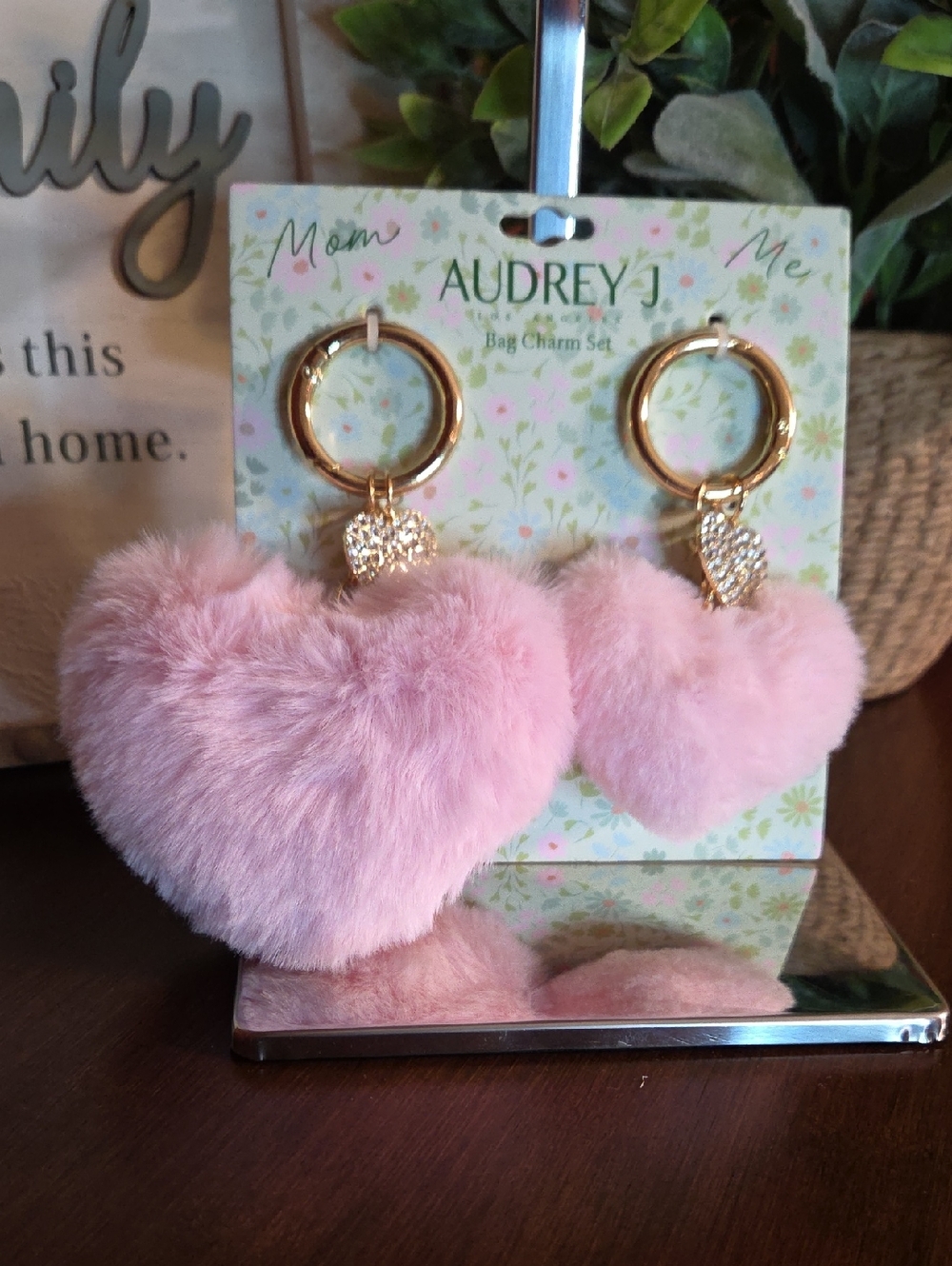 AUDREY J Pink Heart Fur Keychain Bag Charm Set